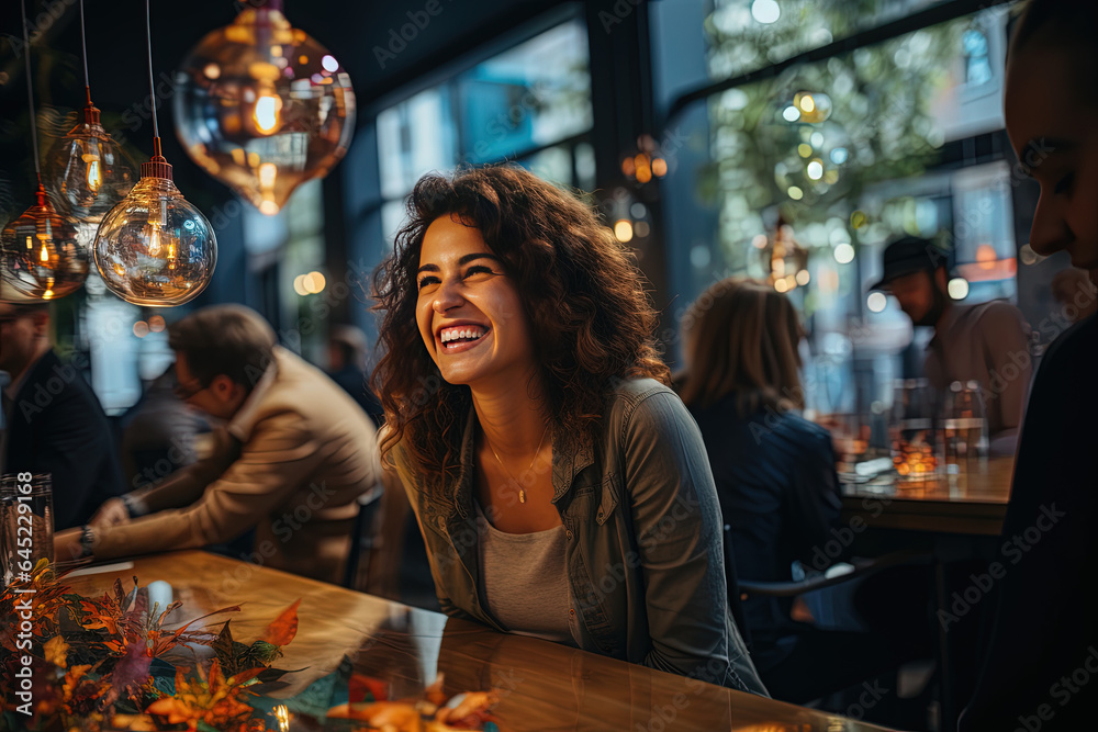 Woman smiling in a bar