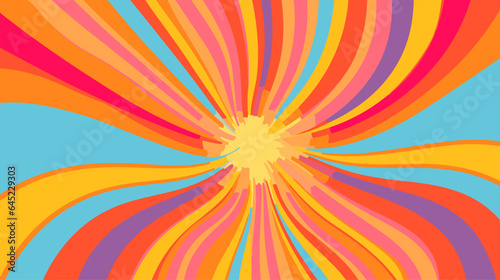 1970s Hippie Retro Style. Sunburst Groovy Wavy Spiral Line Abstract Background