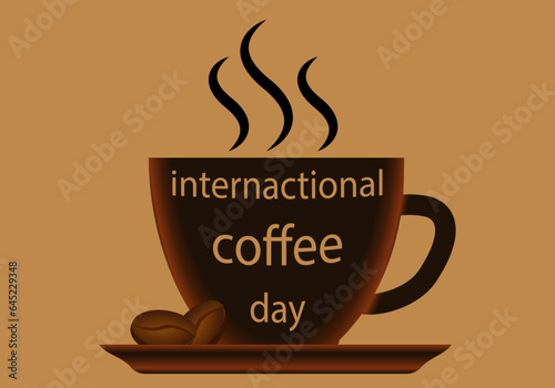 Día internacional del café. Taza de café caliente con granos de café sobre el platillo