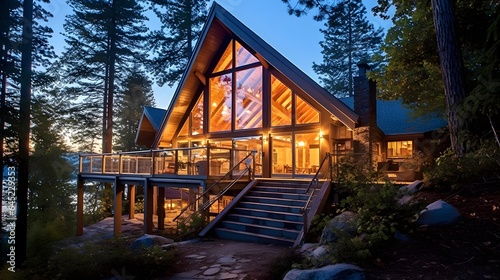 Log cabin in the forest at night. Panoramic view. © Iman