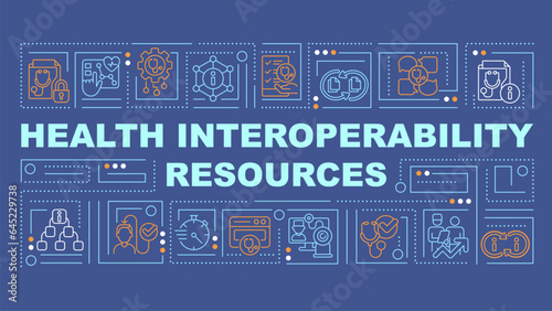 2D health interoperability resources text with various thin linear icons concept on dark blue monochromatic background, editable 2D vector illustration.
