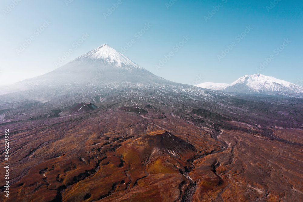 Drone view panorama of the mountain volcano valley Klyuchevskaya Sopka, Kamchatka