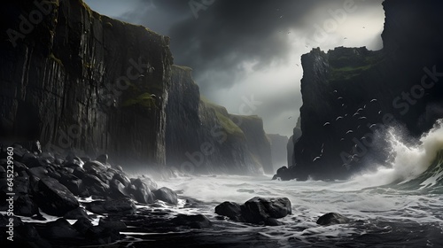Fantasy landscape with a stormy ocean. Dramatic overcast sky. 3D illustration