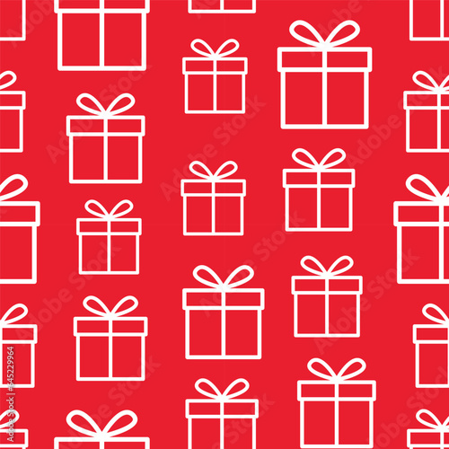 simple pattern repeating gift icon white outline randomly lined up on red background