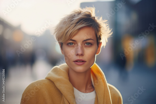 Portrait of a young woman with short hair in a city scene