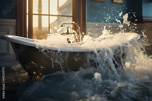 Foto Une salle de bain inondée avec une baignoire débordante » IA générative