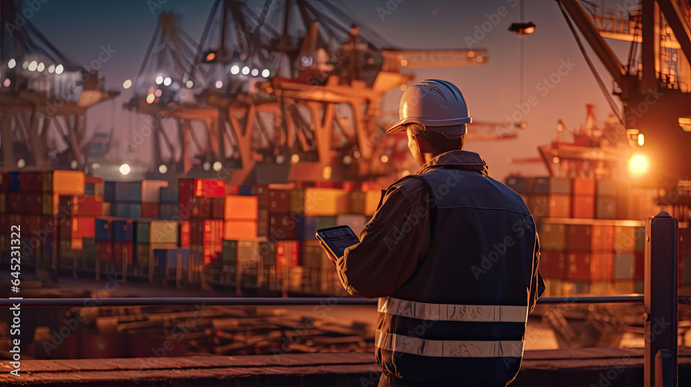 An engineer and tablet at Containers yard from Cargo freight ship for import export. Transportation concept Import and export. Generative Ai An engineer and tablet at Containers yard from Cargo freight ship for import export. Transportation concept Import and export. Generative Ai