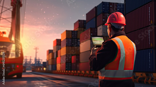 An engineer and tablet at Containers yard from Cargo freight ship for import export. Transportation concept Import and export. Generative Ai