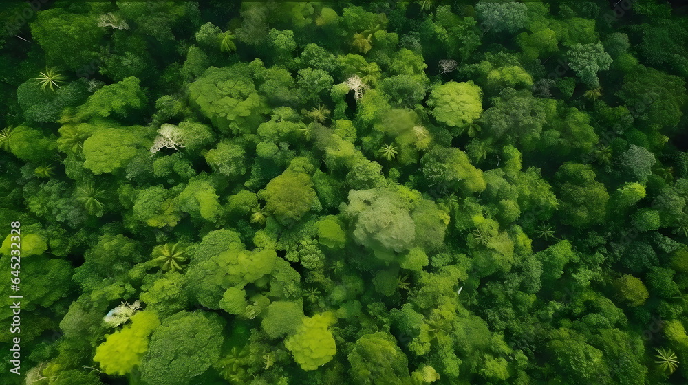 Aerial top down view of lush primary forest in Halmahera. generative ai.