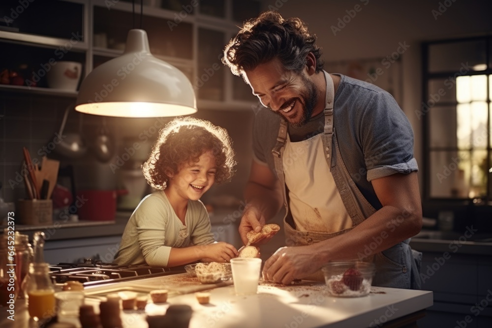 happy laughing father and child wearing santa hats cooking and decorating Christmas cookies. AI Generated