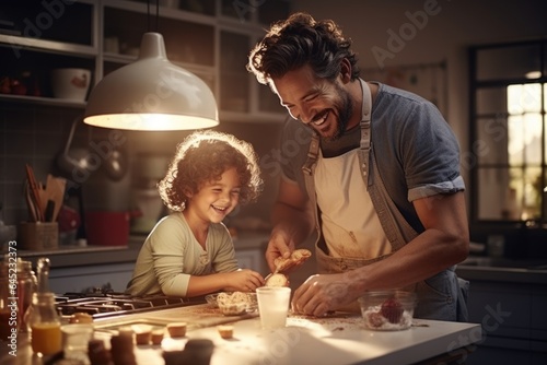 happy laughing father and child wearing santa hats cooking and decorating Christmas cookies. AI Generated