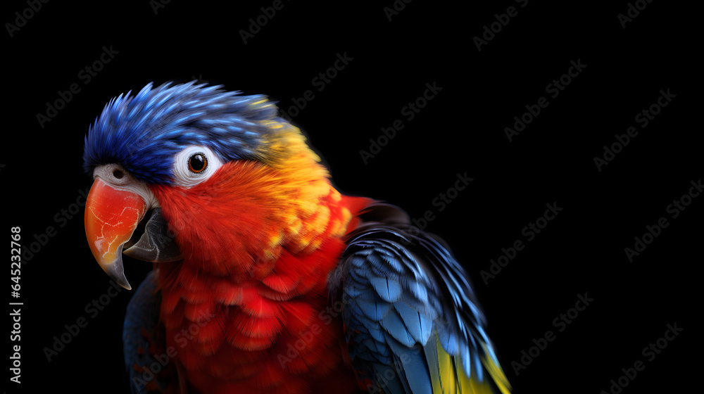 Beautiful colorful parrot isolated on black background. generative ai.