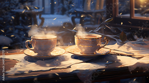 Hot cups of tea on the table while it snows outside. 