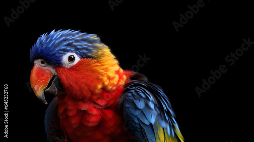 Beautiful colorful parrot isolated on black background. generative ai.