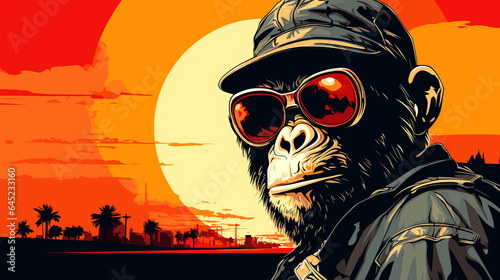 Chimpanzee in military camouflage with weapon in vector art style
