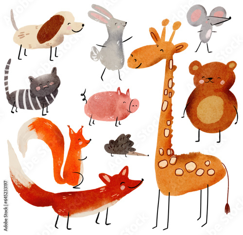 Funny animals, vector illustrations. Animals birthday party colorful clip art collection. Watercolor, ready to print. Perfect for invitation, nursery design, children products, baby shower decor