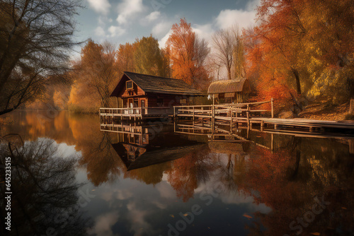 In the holiday cottage by the lake, the autumn scenery is charming and pleasant. 