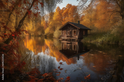 In the holiday cottage by the lake, the autumn scenery is charming and pleasant. 