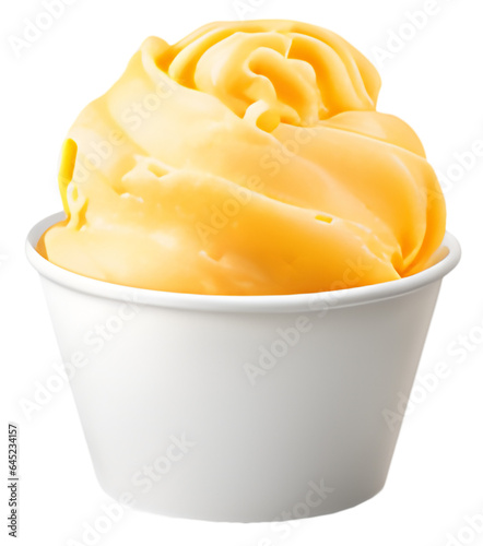 Mockup ice cream Yellow mango, lemon or banana scoop on white blank empty paper cup bowl on transparent background cutout, PNG file.