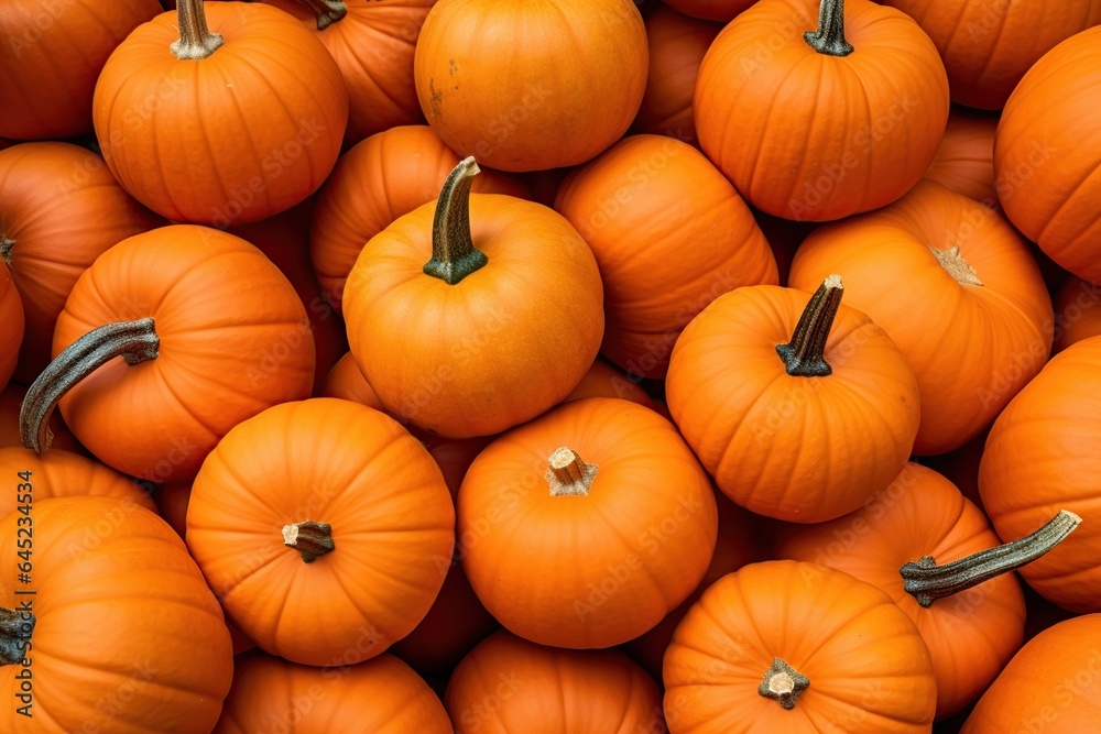 Lots of fresh real orange pumpkins stacked on top of each other, Generative AI Lots of fresh real orange pumpkins stacked on top of each other, Generative AI
