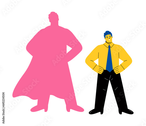 Business man with superhero silhouette, symbol of leadership, motivation, ambition. Flat vector illustration isolated on white background