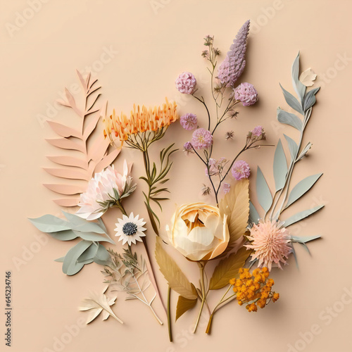 Creative arrangement with various spring flowers against pastel beige background. 