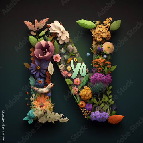 A whimsical and colorful flower font N. 