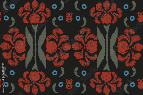 Trendy Ikkat floral seamless pattern with Hand Drawn summer flowers. Modern flowers backdrop in contemporary arabic retro style. Textile rug printing on black background. Vector illustration.