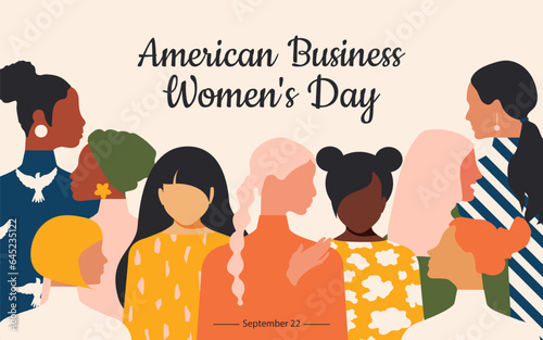 American Business Women's Day. September 22nd. Horizontal modern pink banner with women of different nationalities. Vector.