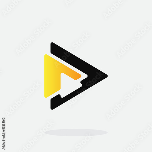 Play button for media app logo design with black and yellow color. Streaming service app Logotype. Multimedia player icon design element for Music and movie start sign, audio and video editor logo