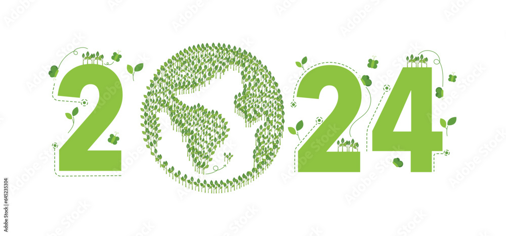 2024 New year, Eco friendly, Sustainability planning concept with globe and World environmental green doodle icons drawing set on white background ,Vector illustration 2024 New year, Eco friendly, Sustainability planning concept with globe and World environmental green doodle icons drawing set on white background ,Vector illustration