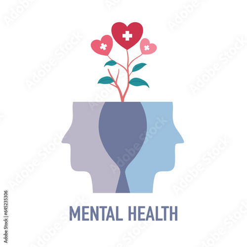 Silhouette of two human heads opened with heart shape flowers grownup. Mental health concept vector illustration. World mental health day. Psychological therapy and treatment.