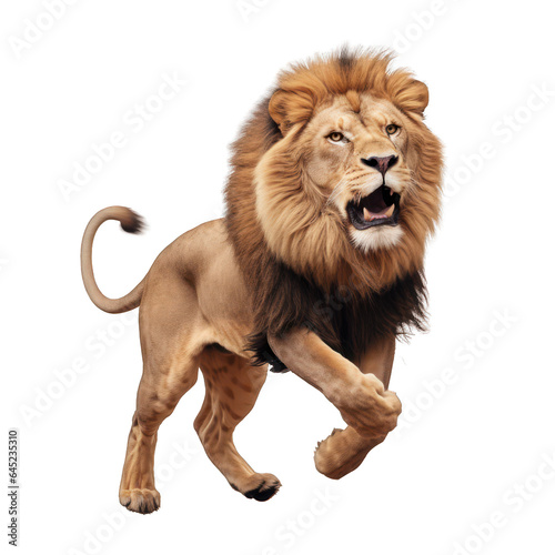 majestic african lion running towards camera, isolated on transparent png background, generative ai