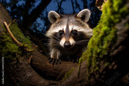 a raccoon is looking at the camera while standing on a tree branch