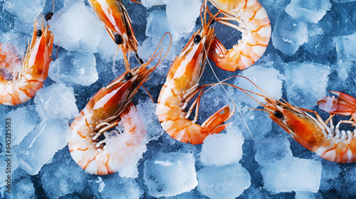 Top view of raw whole king prawns on ice. Seafood background. Generative AI photo