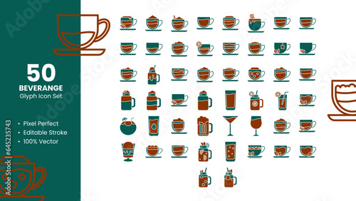 Beverage Icons set. 50 Glyph Icons Pixel Perfect.