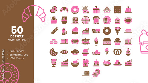 Dessert Icons set. 50 Glyph Icons Pixel Perfect.