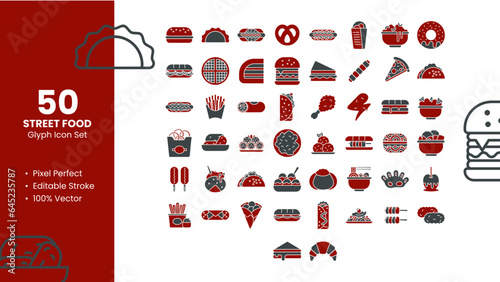 Street Food Icons set. 50 Glyph Icons Pixel Perfect.