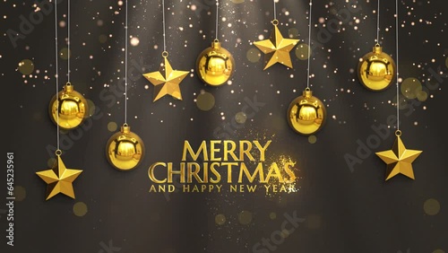 merry christmas happy new year celebration luxury golden ball and star glitter rain light text animation 