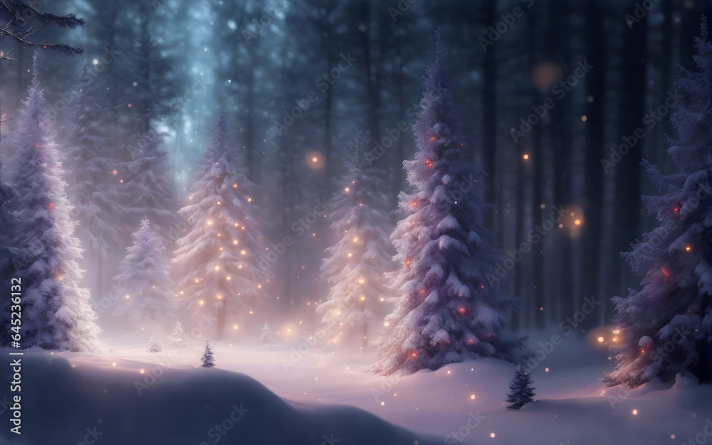 Winter magical landscape at christmas night, eve with fir trees, snow, sparkles, lights. New year greeting card, postcard, background with copyspace.
