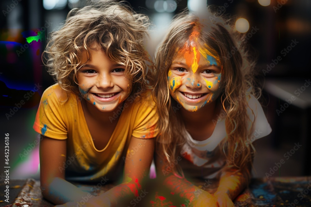 beautiful happy boy and girl with painted