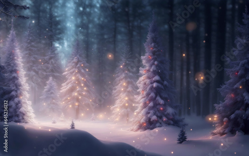 Winter magical landscape at christmas night, eve with fir trees, snow, sparkles, lights. New year greeting card, postcard, background with copyspace.  © Neitiry