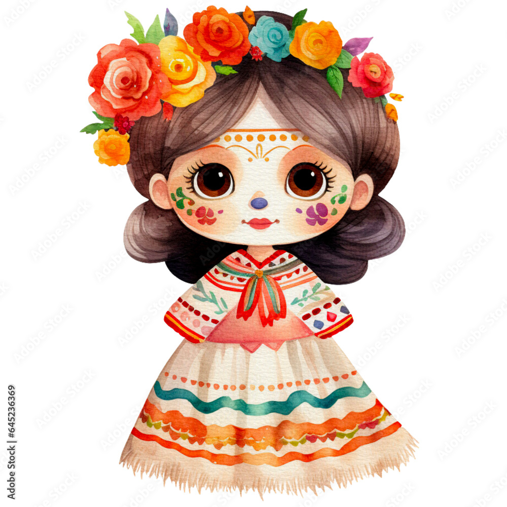 day of the dead fantasy festival girl in watercolor Characters isolated on Transparent background