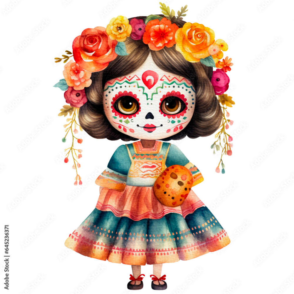 day of the dead fantasy festival girl in watercolor Characters isolated on Transparent background