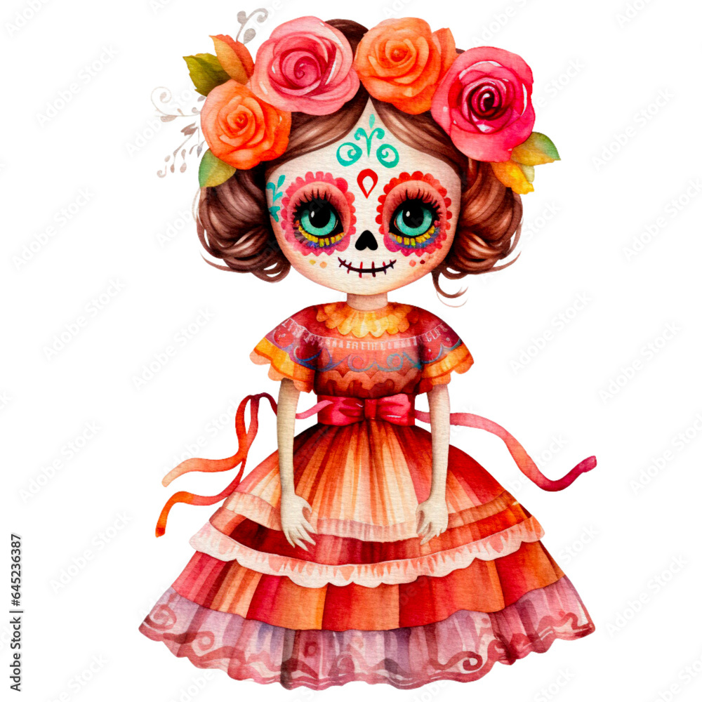 day of the dead fantasy festival girl in watercolor Characters isolated on Transparent background