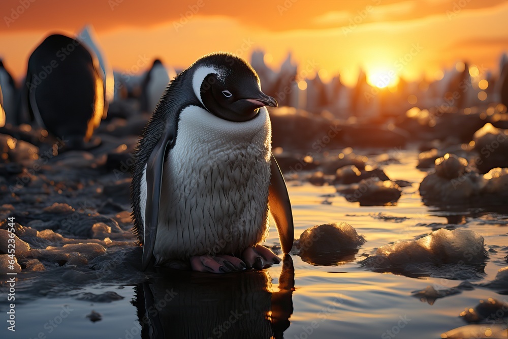 Adelie penguin (Pygoscelis adeliae). Sad penguin in the heat of the sun