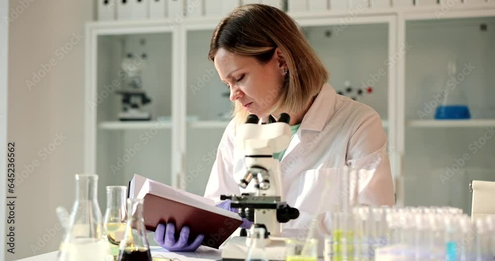 Scientist samples medical analyzes and microscope in laboratory for medical research and writing notes in book. Young woman doing forensic research and scientific pharmaceuticals Scientist samples medical analyzes and microscope in laboratory for medical research and writing notes in book. Young woman doing forensic research and scientific pharmaceuticals