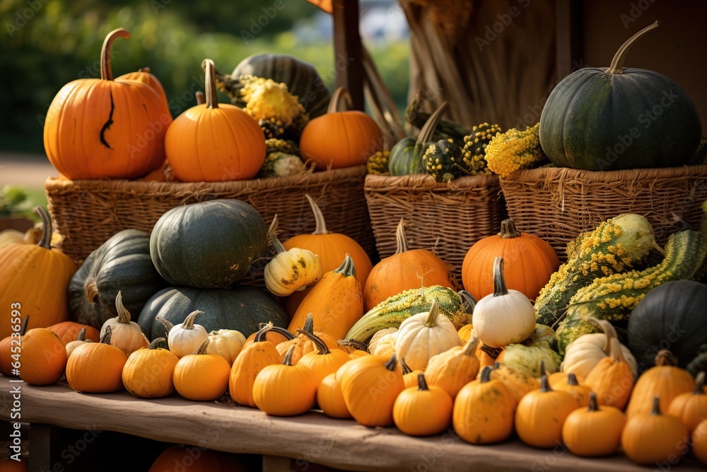 pumpkins and squash at a farmers market, Generative AI pumpkins and squash at a farmers market, Generative AI