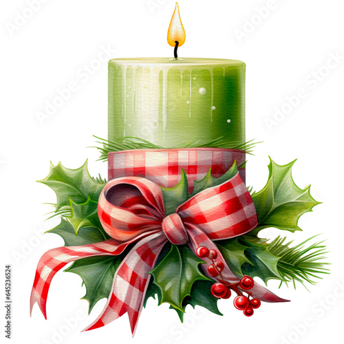 Candle christmas  and holly green leaves  isolated on Transparent background