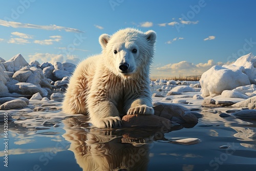 Sad polar bear on melting ice cap. Climate change, global warming concept. 